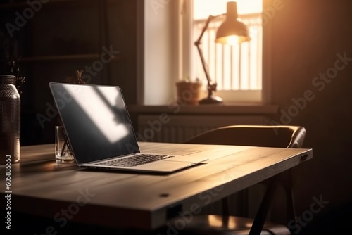 illustration, workplace laptop and desk, home office concept, ai generative.