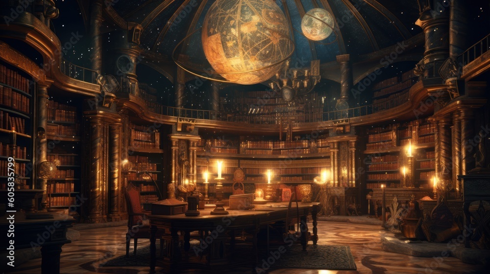 Envision an ancient library of immeasurable knowledge, filled with towering bookshelves, mysterious tomes, and celestial globes. Convey a sense of wisdom, reverence, and the allure of hidden knowledge