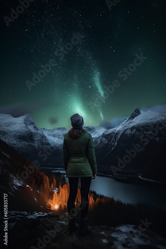 illustration, woman watching northern lights on the mountain, generative ai.