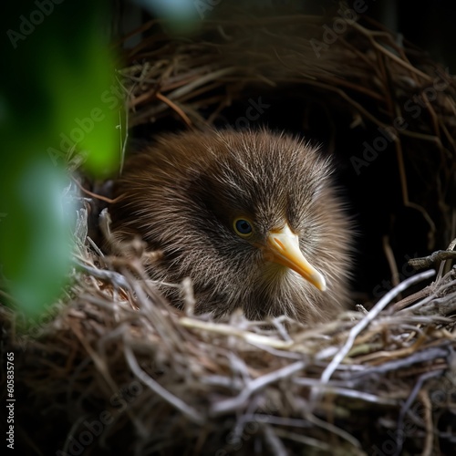 Cute Rowi Kiwi Chick Exploring its Nest photo