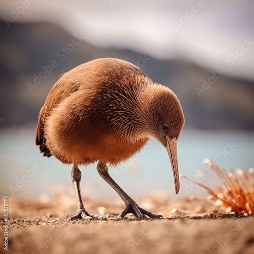 Graceful Southern Brown Kiwi Walking Along Coastal Dunes photo