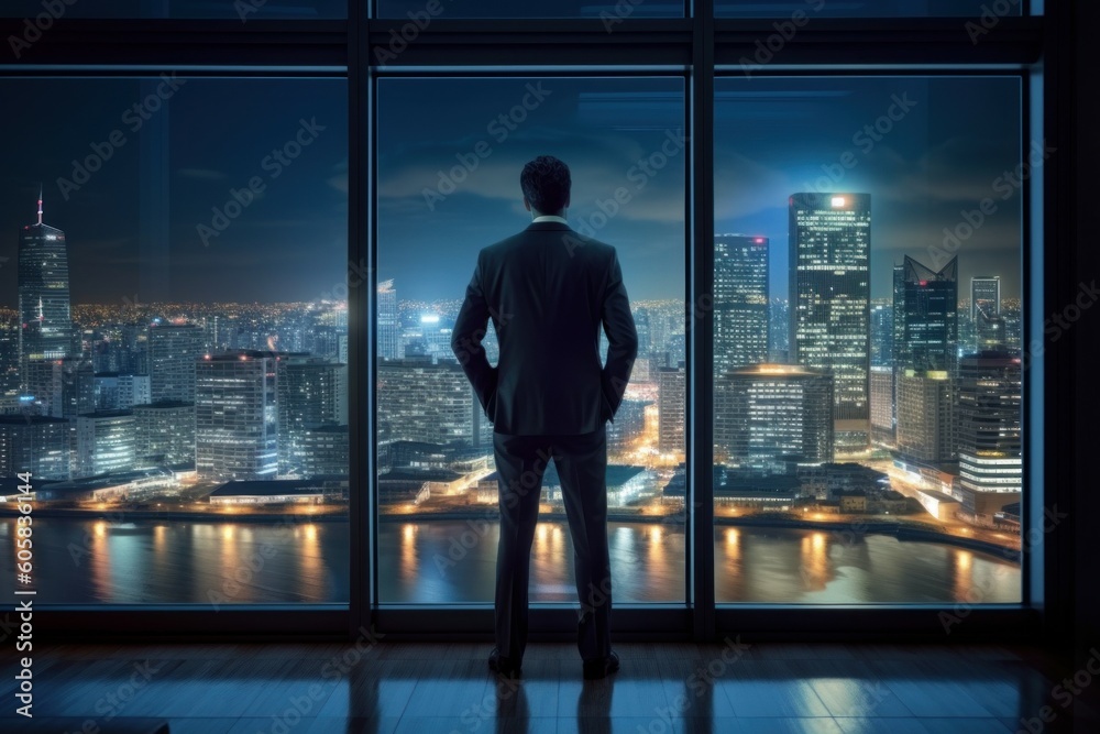 A businessman in a skyscraper office enjoys the views of the city lights at night. Man from the back. AI generated A businessman in a skyscraper office enjoys the views of the city lights at night. Man from the back. AI generated