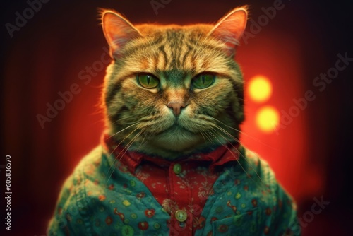Anthropomorphic fat cat dressed in human clothing in casual style. Humanized animal concept. AI generated © top images