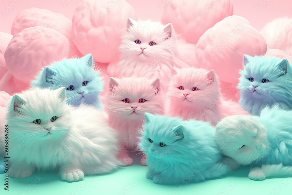 Lots of cute cats with colored hair in pastel colors. Isolated on a cloudy background. Unusual contemporary art style wallpaper, lots of fluffy cats. Generative AI 3d render imitation. Lots of cute cats with colored hair in pastel colors. Isolated on a cloudy background. Unusual contemporary art style wallpaper, lots of fluffy cats. Generative AI 3d render imitation.
