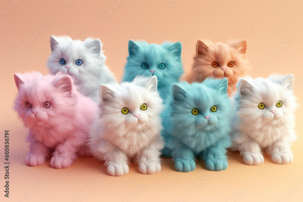 Lots of cute cats with colored hair in pastel colors. Isolated on