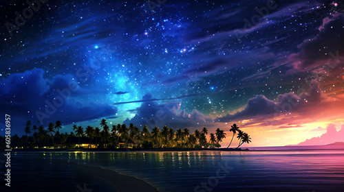 Sunset Dreams: Magical Islands Adorned with Blue Starlight at Twilight