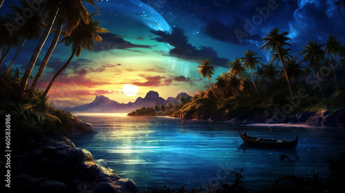 Island Serenade  Tropical Twilight Delights beneath Starlit Sunset Skies