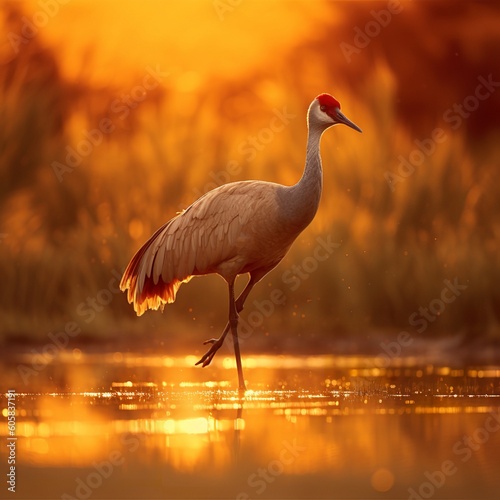 Elegant Sandhill Crane Dancing in Golden Sunset