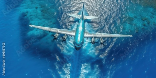 Airplane is flying over blue sea in summer.  AI generative illustration.