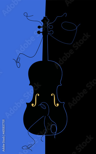 A violin with broken strings is seen in an interesting illustration. A golden light glows inside the violin. Restringing the violin is the theme.