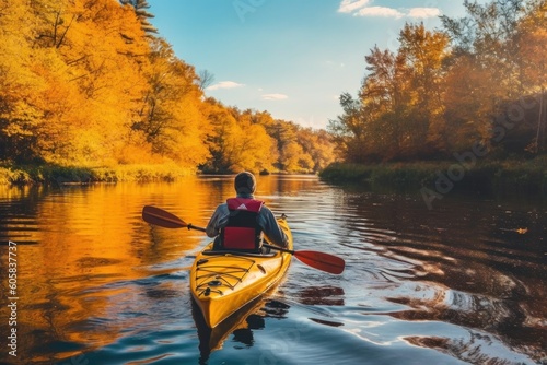 A person enjoying kayaking in the river trough the beautiful nature scene.  Generative AI © Creative Sparks
