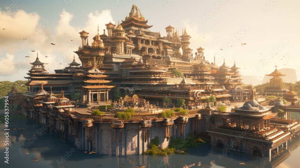 Majestic floating citadel, a magnificent fortress suspended in the sky by unknown forces. Show the intricate architecture, grand halls, and bustling life within, as well as the breathtaking view from 