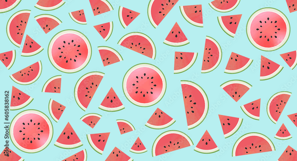 illustrated wallpaper of watermelon slices on blue background, Tropical sliced fruit for summer PNG