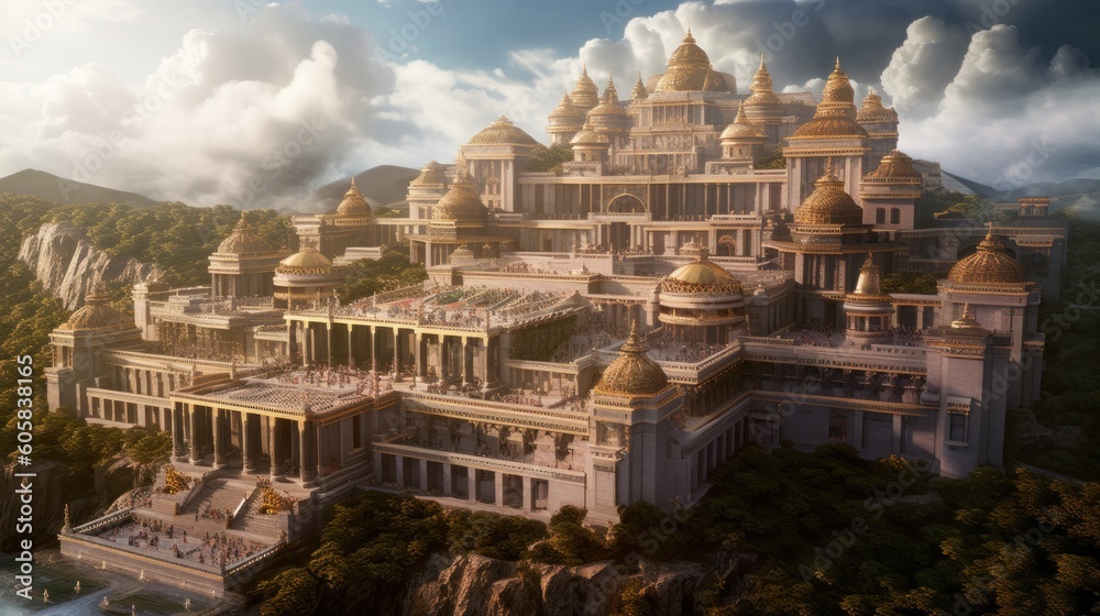 Majestic floating citadel, a magnificent fortress suspended in the sky by unknown forces. Show the intricate architecture, grand halls, and bustling life within, as well as the breathtaking view from 