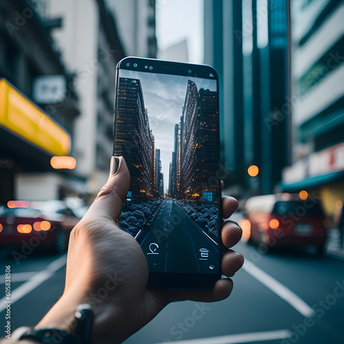 A close-up view of a person's hand holding a smartphone displaying a futuristic augmented reality interface photo