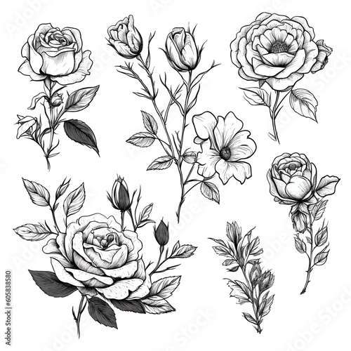 set of floral doodle with rose flower leaves and branch