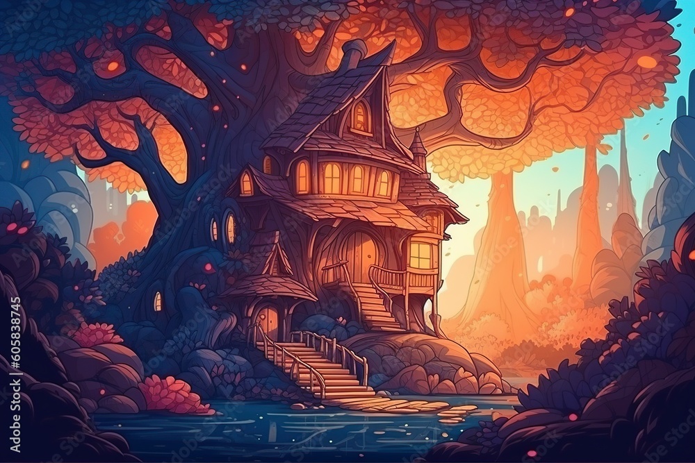 illustration, a fantasy forest, a house on a big tree, generative ai