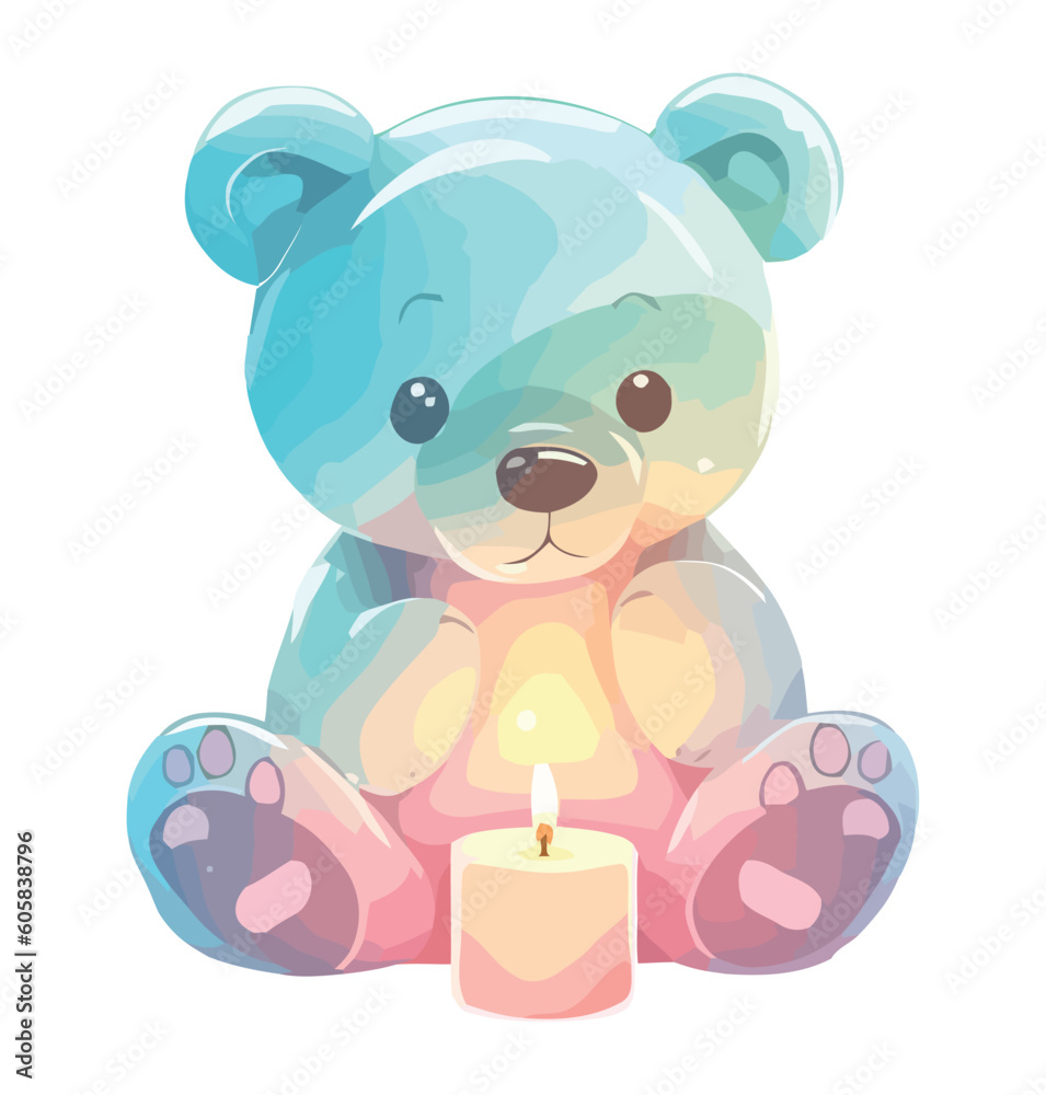 Obraz premium A cute teddy bear sitting on a fluffy blue candle