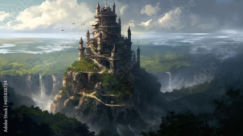 Ancient and towering wizard's tower perched on a craggy cliff. Envision its mysterious interiors filled with arcane books, magical artifacts, and swirling portals, as the resident wizard conducts thei