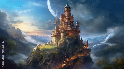 Ancient and towering wizard's tower perched on a craggy cliff. Envision its mysterious interiors filled with arcane books, magical artifacts, and swirling portals, as the resident wizard conducts thei