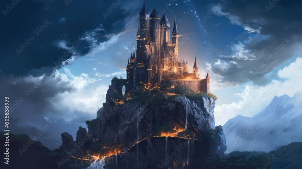 Ancient and towering wizard's tower perched on a craggy cliff. Envision its mysterious interiors filled with arcane books, magical artifacts, and swirling portals, as the resident wizard conducts thei