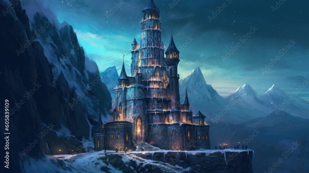 Ancient and towering wizard's tower perched on a craggy cliff. Envision its mysterious interiors filled with arcane books, magical artifacts, and swirling portals, as the resident wizard conducts thei Ancient and towering wizard's tower perched on a craggy cliff. Envision its mysterious interiors filled with arcane books, magical artifacts, and swirling portals, as the resident wizard conducts thei