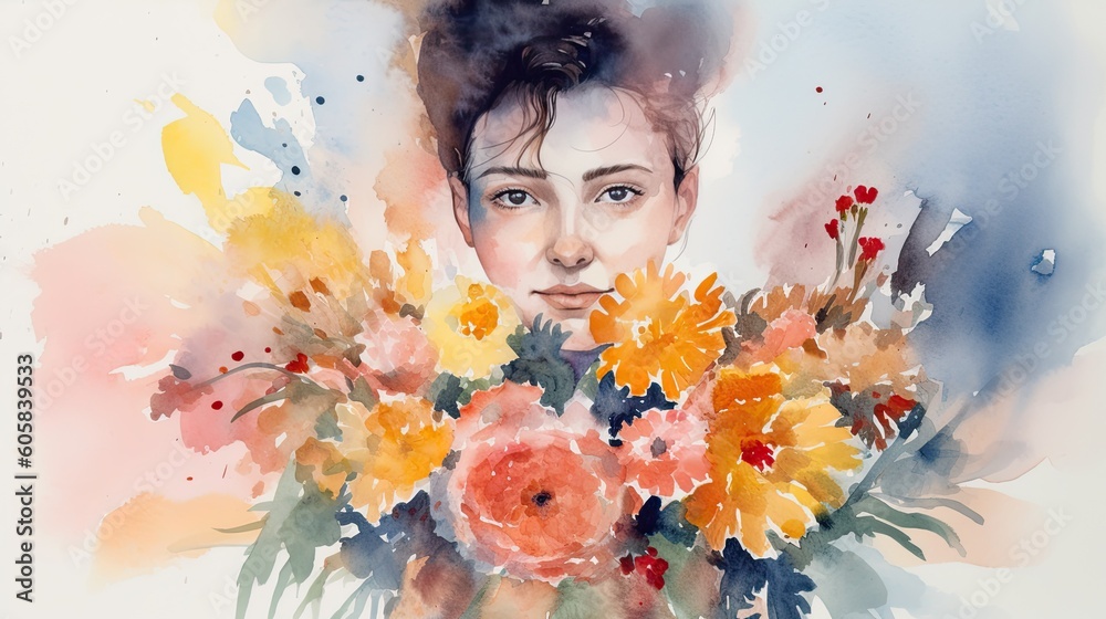 abstract watercolor painting of a woman holding a large bouquet of summer flowers, generative AI 