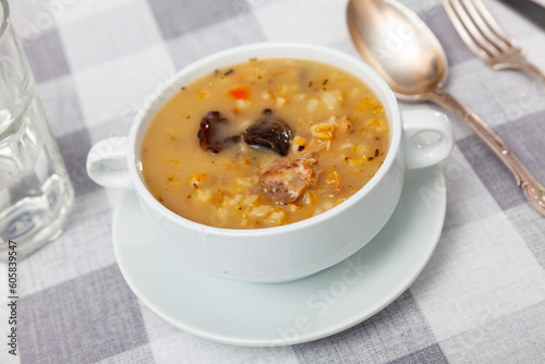Appetizing pork and mushroom soup with vegetables and pearl barley served in tureen. Comfort food .