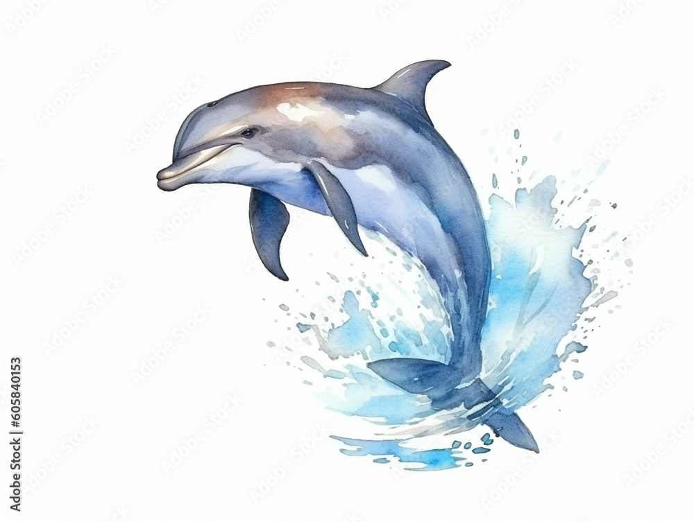 A Minimal Watercolor Painting of a Dolphin in Nature with a White Background | Generative AI