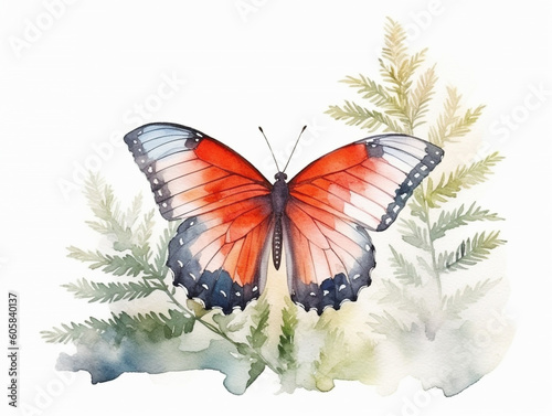 A Minimal Watercolor Painting of a Butterfly in Nature with a White Background | Generative AI