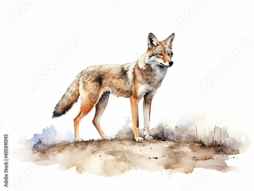 A Minimal Watercolor Painting of a Coyote in Nature with a White Background | Generative AI