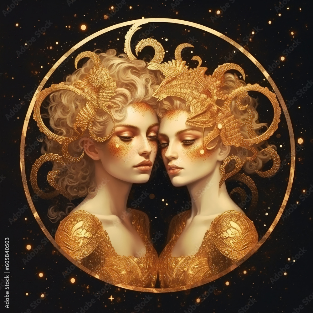 Zodiac sign of Gemini as women, fantasy golden female image, generative ...