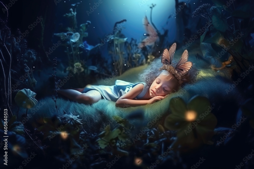 Φωτογραφία Sweet dreams of little girl, cute baby sleeping in fantasy forest at night, gene