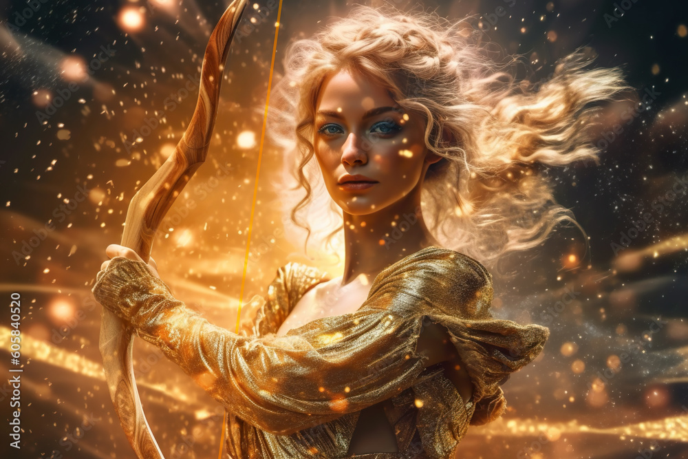 Naklejka premium Zodiac sign of Sagittarius as woman, fantasy golden female image, generative AI.