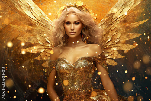 Zodiac sign of Virgo as woman, fantasy golden female image, generative AI. photo