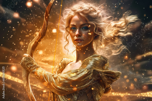Slika na platnu Zodiac sign of Sagittarius as woman, fantasy golden female image, generative AI