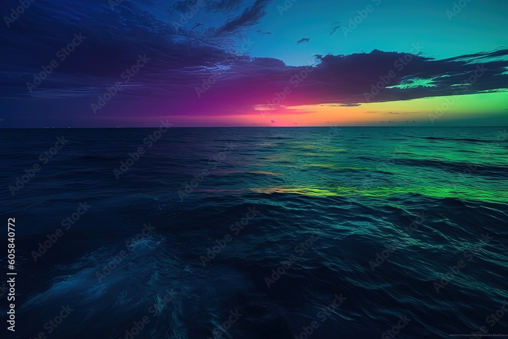 Fototapeta premium Ocean, neon reflection in water. Fututistic landscape. Generaative ai