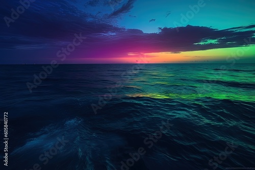 Ocean, neon reflection in water. Fututistic landscape. Generaative ai © bigtown
