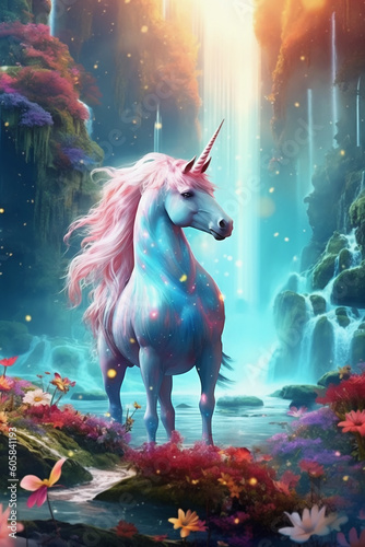 Illustration of a mystical unicorn in front of a wonderful waterfall - created with generative AI - enhanced by the artist