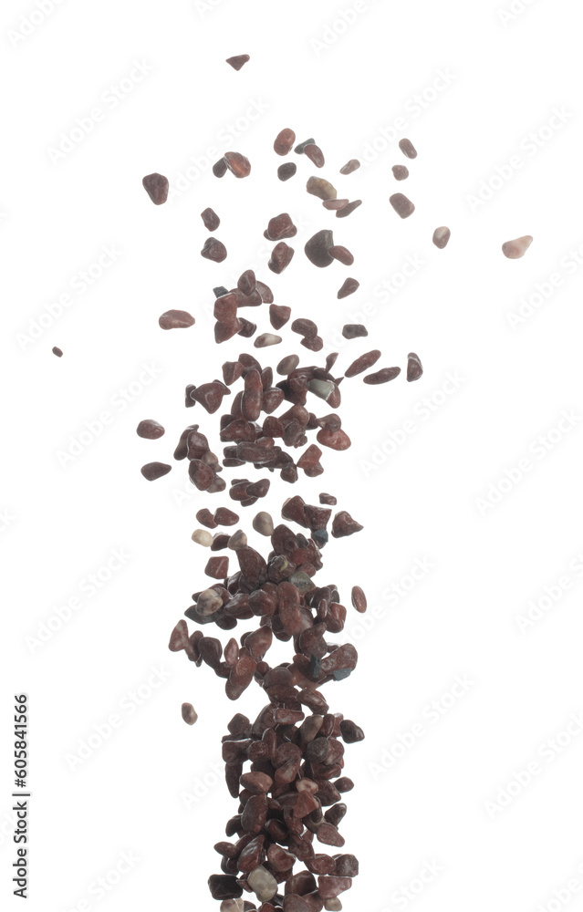 Fish Tank decorative Rock stone gravel fly explosion fall, red stone rock explode abstract cloud fly, splash in air for ground floor. White background isolated high speed shutter freeze shot