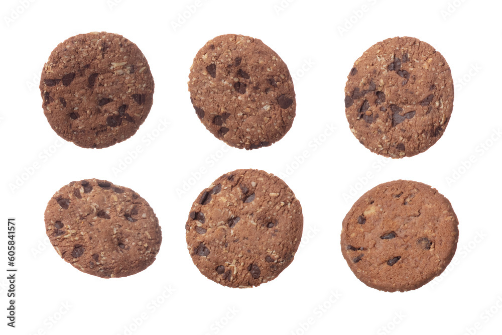 Cookie Chocolate ship round fall fly in mid air, Cocoa Cookie Chocolate ship floating. Cookie Chocolate ship complete round throw in air. White background isolated freeze motion high speed shutter Cookie Chocolate ship round fall fly in mid air, Cocoa Cookie Chocolate ship floating. Cookie Chocolate ship complete round throw in air. White background isolated freeze motion high speed shutter