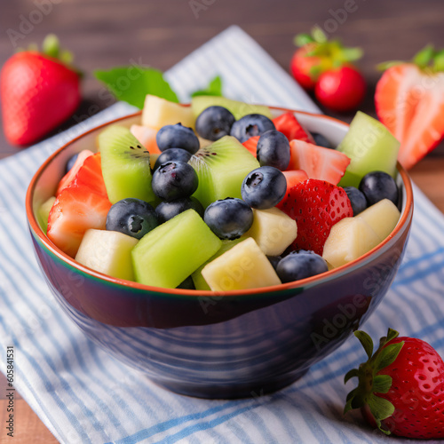 A bowl of fruit is sitting on a table Generative Ai