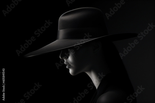 A woman wearing a big black hat in the dark isolated on a black background Generative Ai
