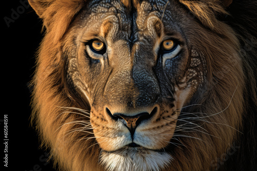 A close up of a lion s face on a black background Generative Ai