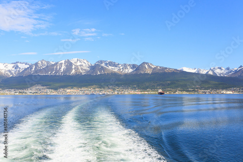 Ushuaia cityscape from Beagle channel, Argentina landscape