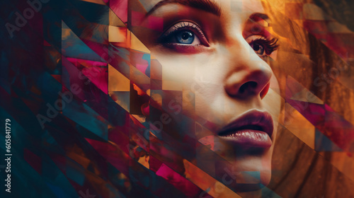 A woman's face is shown with a multicolored abstract geometric background Generative Ai photo