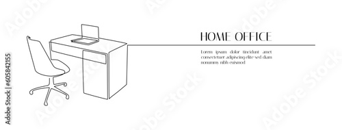One continuous line drawing of home office interior. Modern work desk and chair with laptop in simple linear style. Remote distant work concept in editable stroke. Contour vector illustration