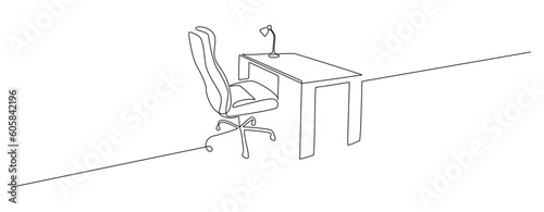 One continuous line drawing of home office interior. Modern work desk and chair with laptop in simple linear style. Remote distant work concept in editable stroke. Doodle vector illustration
