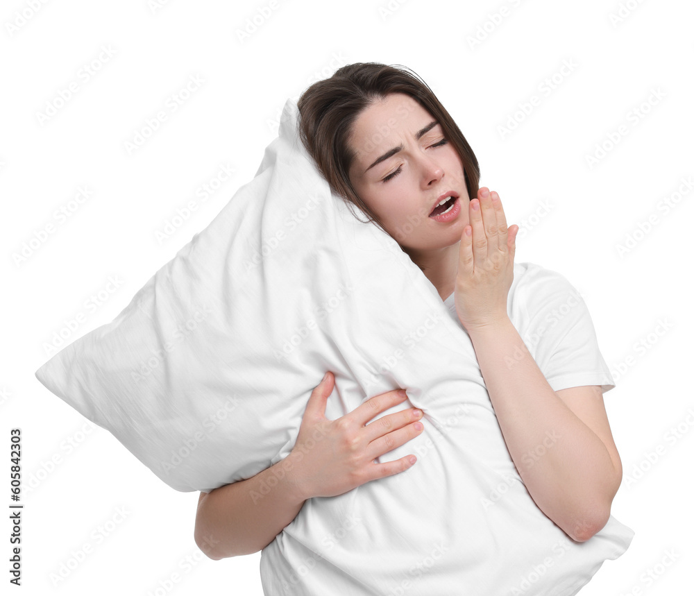 Sleepy young woman with pillow yawning on white background. Insomnia problem Sleepy young woman with pillow yawning on white background. Insomnia problem