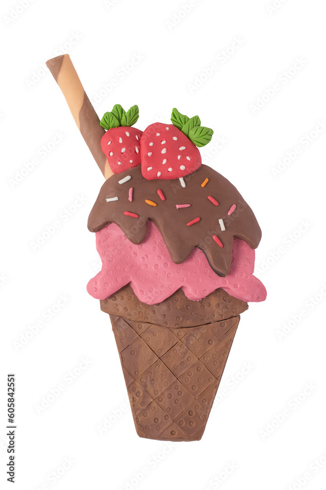 A plasticine ice cream cone with a strawberry and chocolate. Handmade plasticine chocolate and strawberry ice cream cone